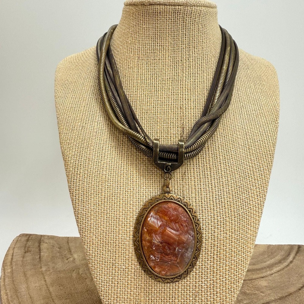 Unique Bronze Multi Snake Chain Orange Acrylic Pendant Necklace Unknown Maker - Picture 2 of 16